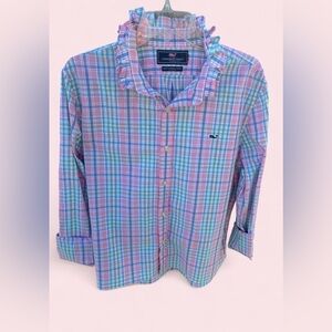 Upcycled Men’s button down shirt Women’s ruffled button down pastel plaid easter